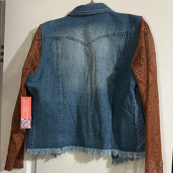 Blue Denim Jacket with Brown Lace Sleeves - Picture 2 of 3